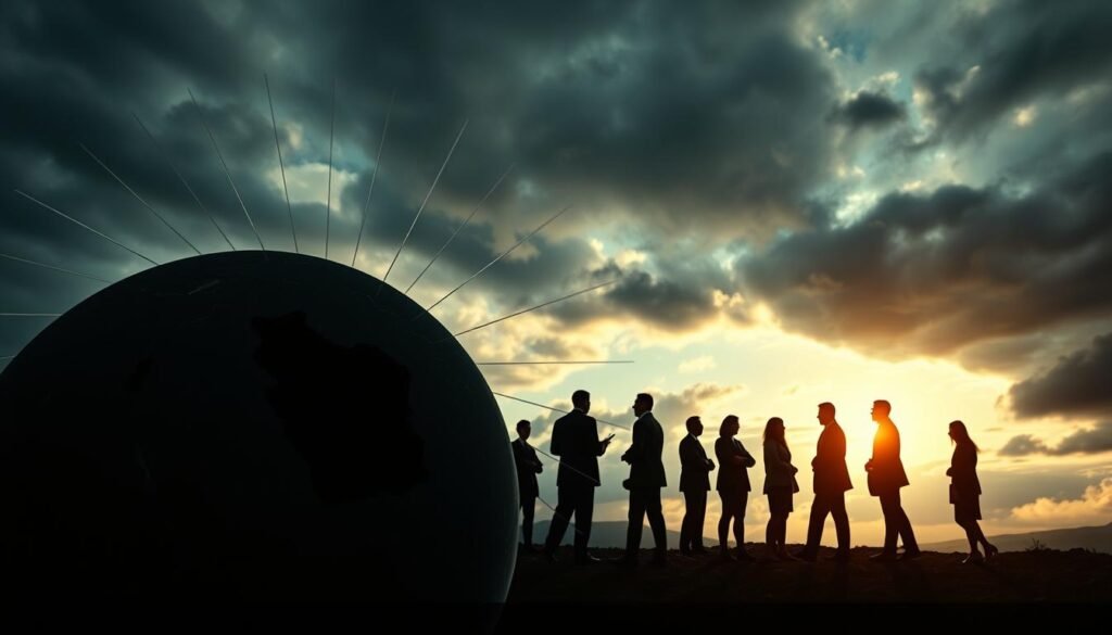 A conceptual representation of geopolitical conflict triggers, focused on the Iran War. In the foreground, a detailed illustration of a globe highlighting the Middle East, with dynamic lines symbolizing tension and conflict radiating from Iran. In the middle ground, silhouettes of diverse people in professional attire engaged in a discussion, representing diplomacy and negotiation. The background features a dramatic sky with stormy clouds, reflecting uncertainty and turmoil. The lighting is moody, with contrasting shadows to emphasize the weight of the situation. The composition is shot from a low angle to create an imposing sense of urgency, evoking a somber atmosphere that encapsulates the complexities of geopolitical factors.