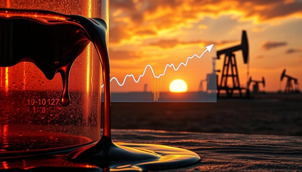 A detailed illustration highlighting the oil price landscape and the formation of crude oil. In the foreground, a clear glass barrel with crude oil cascading out, showcasing its rich, dark color and viscosity. In the middle ground, a stylized chart displaying fluctuating oil prices over time, with arrows indicating trends, set against a backdrop of dramatic digital data streams representing market analytics. The background features an abstract representation of oil fields and drilling rigs under a sunset, casting golden and deep orange hues, creating a sense of tension and urgency. The atmosphere is a blend of optimism and caution, with dynamic lighting emphasizing the progress and volatility of the oil market. The perspective is slightly angled, providing depth and drama to the unfolding scene. A detailed illustration highlighting the oil price landscape and the formation of crude oil. In the foreground, a clear glass barrel with crude oil cascading out, showcasing its rich, dark color and viscosity. In the middle ground, a stylized chart displaying fluctuating oil prices over time, with arrows indicating trends, set against a backdrop of dramatic digital data streams representing market analytics. The background features an abstract representation of oil fields and drilling rigs under a sunset, casting golden and deep orange hues, creating a sense of tension and urgency. The atmosphere is a blend of optimism and caution, with dynamic lighting emphasizing the progress and volatility of the oil market. The perspective is slightly angled, providing depth and drama to the unfolding scene.