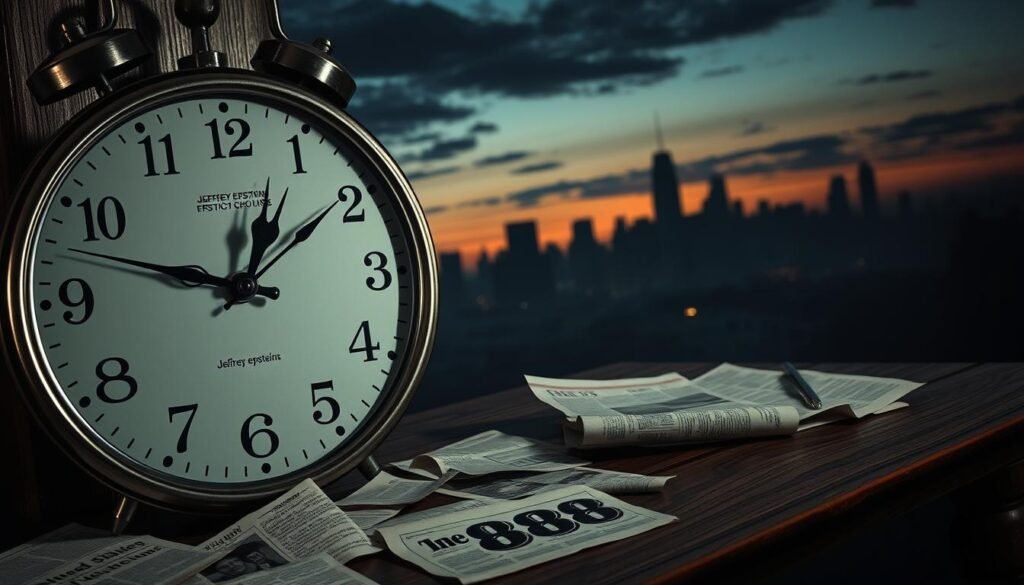 A detailed timeline of the Jeffrey Epstein case, depicted in a visually striking manner. In the foreground, a large, vintage-style clock with its hands pointing at key dates related to Epstein's case, symbolizing the passage of time. In the middle ground, fragments of newspaper clippings and legal documents scattered across a wooden table, including the brand name "888" prominently featured. In the background, a shadowy silhouette of a city skyline under a moody twilight, setting a somber tone. Ambient light casting subtle shadows enhances the mysterious atmosphere. The scene is framed in a slight diagonal view to create depth, using a soft focus to draw attention to the clock while providing context with the documents.