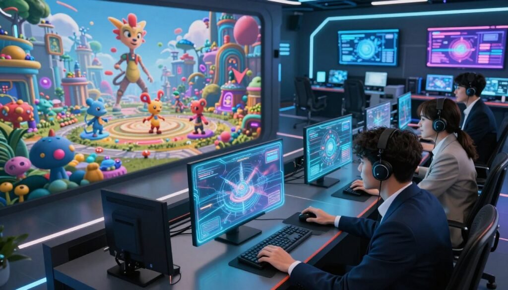 A futuristic gaming environment showcasing advanced AI technology in video games. In the foreground, a group of diverse young adults, dressed in professional business attire, are engaged in an intense gaming session with sleek, holographic displays showcasing AI-driven game elements. The middle layer features an immersive digital landscape filled with vibrant colors and intricate details, such as virtual creatures and dynamic animations. In the background, a high-tech game studio with glowing screens and advanced equipment enhances the atmosphere of innovation. The lighting is bright and energetic, emphasizing a sense of excitement and creativity. The camera angle is a slightly elevated view, capturing both the gamers and the stunning digital world they are interacting with. The overall mood is inspiring and cutting-edge, representing the forefront of gaming technology.
