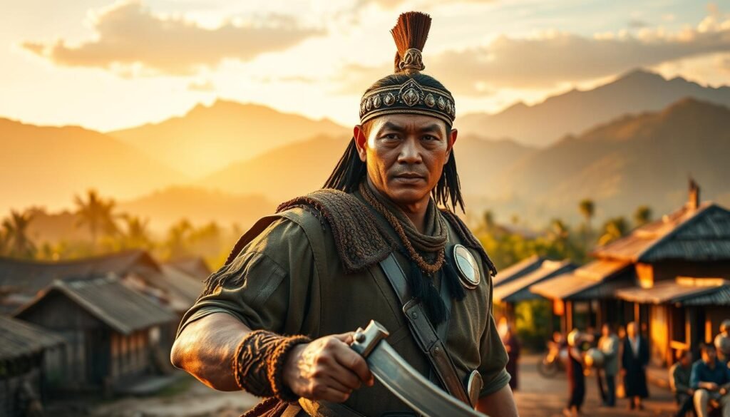 A legendary figure from Javanese culture, Bima Sakti, depicted in a traditional setting showcasing his early career. In the foreground, Bima, a strong, heroic character, dressed in traditional Javanese warrior attire, confidently holds a kris (traditional dagger). His expression reflects determination and nobility. In the middle ground, a bustling ancient Javanese village with thatched-roof houses and people engaging in daily chores, capturing the cultural vibrancy. The background features majestic mountains under a serene sunset, casting warm golden hues across the scene. The image is illuminated by soft, ambient lighting, creating a nostalgic and heroic atmosphere. Use a wide-angle lens to enhance depth and focus on the character’s stature while gently blurring the village details behind him.