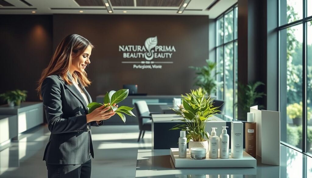 A modern corporate office setting for Natura Prima Beauty, showcasing a sleek reception area. In the foreground, a professional woman in business attire is engaging with a soft green plant, symbolizing natural beauty products. The middle section features a stylish desk adorned with organic beauty product samples, with elegant packaging that reflects a blend of nature and luxury. The background displays a large window with sunlight streaming in, illuminating a serene view of lush gardens. The overall atmosphere is calm and inviting, emphasizing the brand's commitment to natural solutions for health and beauty. The image should be bright and warm, conveying a sense of trust and professionalism, captured from a slightly elevated angle to highlight the space.