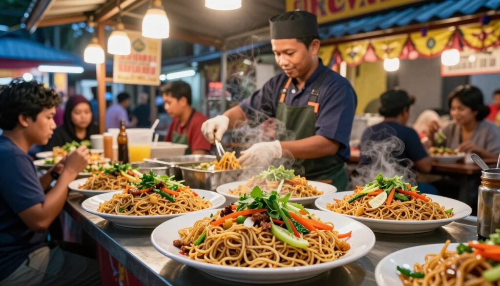 A vibrant scene showcasing a traditional Indonesian street food stall specializing in Gacoan noodles. In the foreground, a beautifully arranged plate of Gacoan noodles garnished with fresh herbs and colorful vegetables, steam rising from the dish. In the middle ground, a friendly food vendor in a sleek, professional outfit prepares dishes, surrounded by a bustling atmosphere of customers enjoying their meals. The background features a lively market, filled with eye-catching decorations and warm, inviting lights that create a cozy ambiance. The overall mood is cheerful and lively, capturing the essence of a popular food destination. The image should be well-lit, emphasizing the rich colors of the food and surroundings, with a shallow depth of field focusing on the noodles.