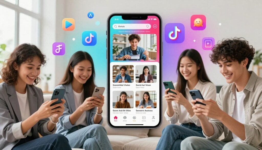 A vibrant scene showcasing the advantages of a short video application like TikTok. In the foreground, diverse young people are engaged and smiling while creating content on their smartphones, dressed in professional business attire and modest casual clothing. In the middle ground, a colorful and lively app interface with dynamic video clips plays, capturing attention and creativity. The background depicts a digital landscape filled with animated icons and graphics symbolizing viral trends and creativity, set against a bright, airy atmosphere. Soft, natural lighting pours in, enhancing the mood of inspiration and excitement. A wide-angle view captures the energy of collaboration and innovation in the realm of social media.