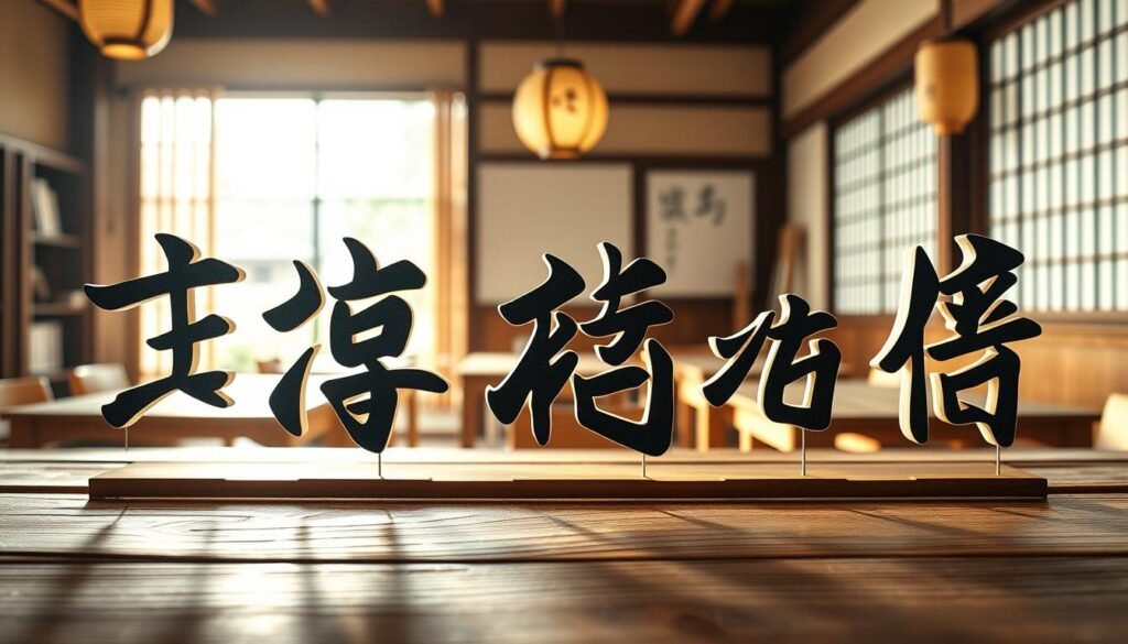A visually striking composition featuring the basic hiragana characters displayed prominently in the foreground, artistically arranged on a traditional Japanese wooden table. Each character is crafted with flowing, elegant strokes, showcasing the fluidity of hiragana. In the middle ground, a soft-focus backdrop reveals a serene Japanese classroom setting, complete with paper lanterns and bamboo accents, creating an inviting atmosphere. The lighting is warm and natural, simulating late afternoon sunlight filtering through a nearby window, casting gentle shadows and highlighting the textures of the wood and paper. The overall mood is calm and focused, ideal for learning, encouraging viewers to immerse themselves in the beauty of the Japanese writing system.
