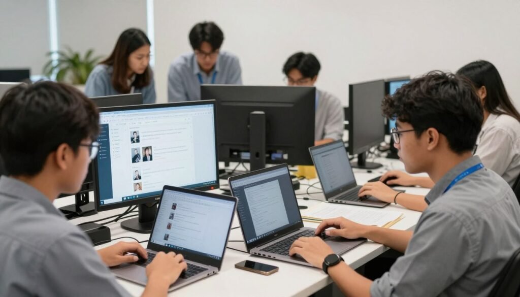 student researchers bekerja mengumpulkan data berita viral