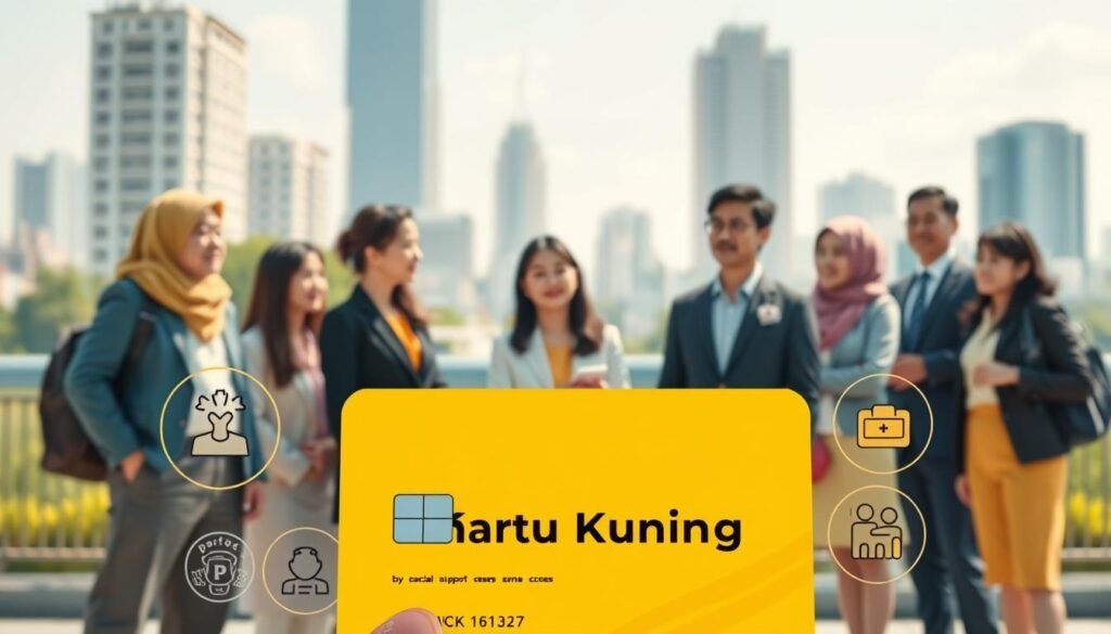 A vibrant illustration depicting a "Kartu Kuning" (Yellow Card) prominently in the foreground, showcasing its distinct yellow color and design features, such as a unique emblem or symbol. Surrounding the card are illustrative icons representing its benefits: social security, healthcare access, and community support, rendered in a clean, modern style. In the middle ground, a diverse group of professional individuals in business attire attentively discuss the card, conveying a sense of collaboration and understanding. The background features a softly blurred urban landscape to represent a sense of community and social settings. The lighting is bright yet soft, simulating a clear day, creating an optimistic and informative atmosphere that invites engagement. No text or branding is included.